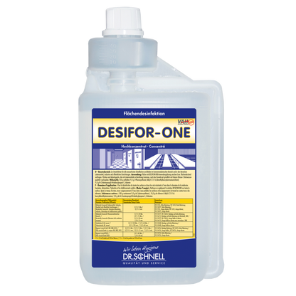 Przezroczysta butelka 5L z napisem "Dr. Schnell Desifor-One dezynfekcja powierzchni, ograniczone działanie wirusobójcze PLUS" od DR.SCHNELL GmbH & Co. KGaA, z niebiesko/żółtymi akcentami, niemiecką instrukcją użytkowania, wbudowaną komorą pomiarową i białym zamknięciem.