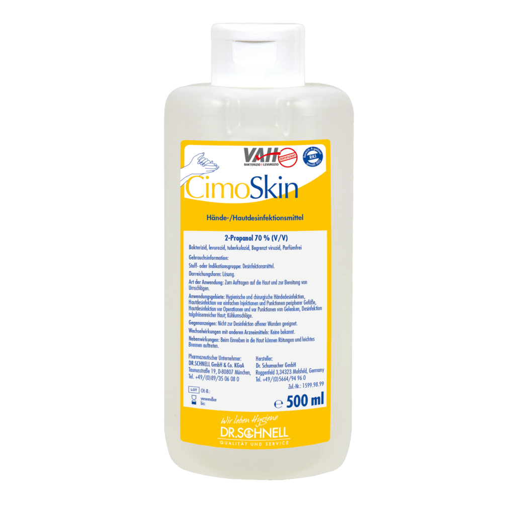 Plastikowa butelka 500 ml Dr. Schnell CIMOSKIN dezynfekcji rąk DR.SCHNELL GmbH & Co. KGaA, z białym zamknięciem i żółto-biało-niebieską niemiecką etykietą, która podkreśla przyjazne dla skóry właściwości dezynfekcyjne.