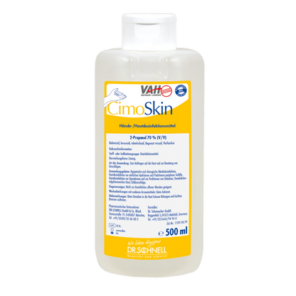 Plastikowa butelka 500 ml Dr. Schnell CIMOSKIN dezynfekcji rąk DR.SCHNELL GmbH & Co. KGaA, z białym zamknięciem i żółto-biało-niebieską niemiecką etykietą, która podkreśla przyjazne dla skóry właściwości dezynfekcyjne.