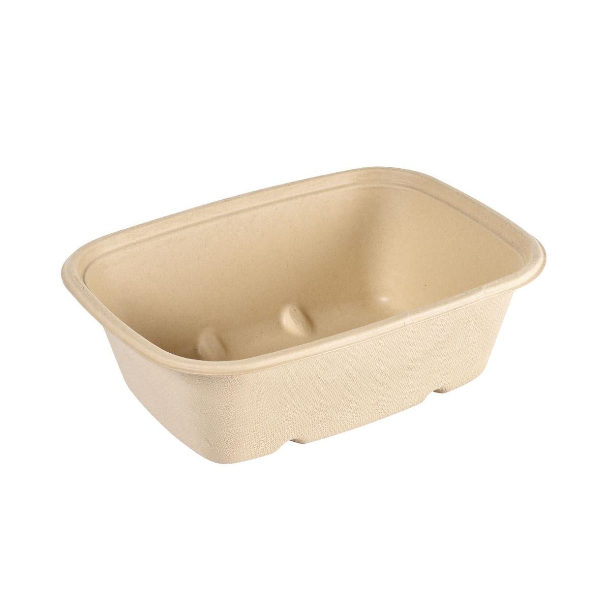 Cube Bowl 1200 ml - niepowlekany brązowy Bagasse 214x159x70 od Duni GmbH to prostokątny, brązowy, kompostowalny pojemnik na żywność z formowanych włókien (opakowanie 40 sztuk), przedstawiony pusty na białym tle.
