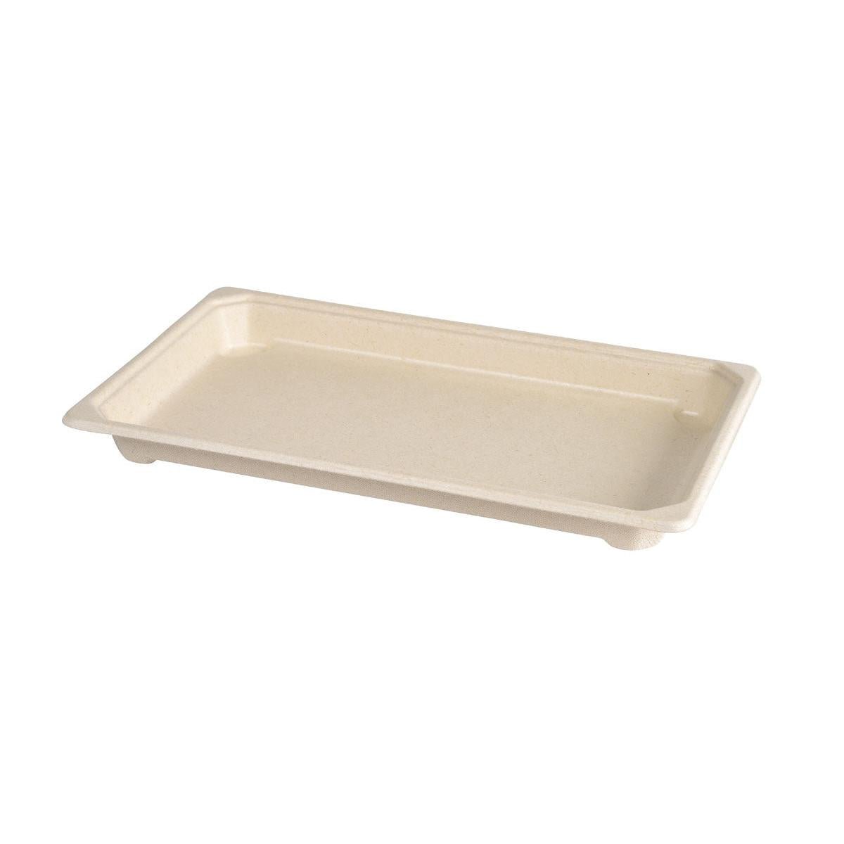 Duża taca Sushi & Deli Tray od Duni GmbH to brązowa, prostokątna taca z bagassy z powłoką PLA (237x145x22mm), z podwyższonymi krawędziami i krótkimi nóżkami, przedstawiona na białym tle. Opakowanie zawiera 110 sztuk.