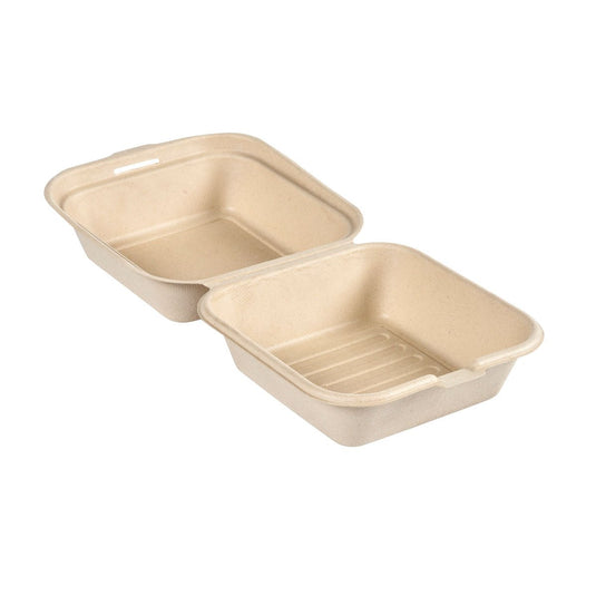 Pojemnik typu clamshell o pojemności 475 ml – niepowlekany, brązowy, z bagassy, o wymiarach 155 x 155 x 80, firmy Duni GmbH (opakowanie zawierające 50 sztuk) to biodegradowalny pojemnik na dania na wynos z formowanego włókna o brązowawym zabarwieniu – ekologiczne opakowanie na Państwa posiłki.