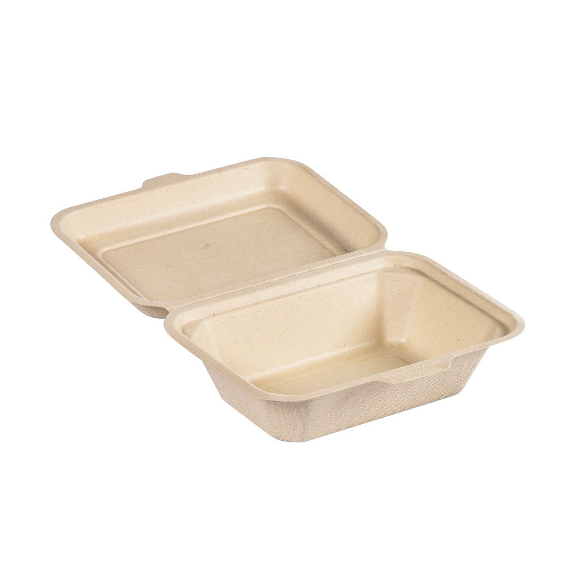 Muszla 530 ml - niepowlekana brązowa bagassa 181x130x62 od Duni GmbH jest pokazana otwarta z pokrywką i pustym wnętrzem - zrównoważone opakowanie z formowanej bagassy jest biodegradowalne. Opakowanie zawiera 50 sztuk.