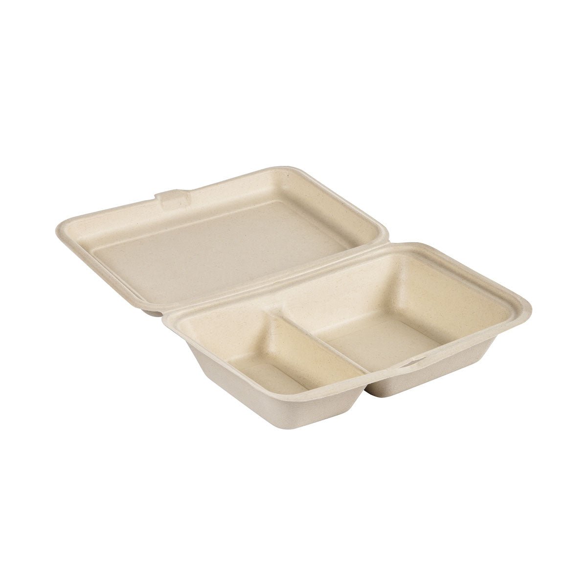 Jedna muszla 470/300 ml - niepowlekana 2 brązowe opakowania z bagassy (255x170x65 mm) od Duni GmbH, wykonana z zrównoważonego opakowania do żywności, posiada dwa przedziały z pokrywą na zawiasach i jest przedstawiona otwarta na białym tle. Opakowanie: 50 sztuk.