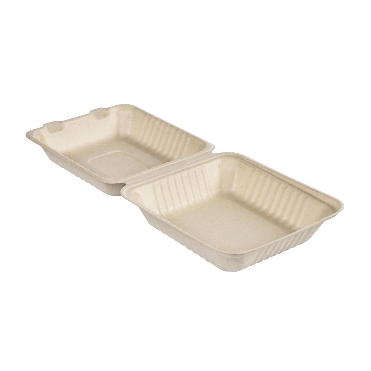 Otwarta muszla 1000 ml - niepowlekany brązowy bagasse 223x200x85 pojemnik na wynos firmy Duni GmbH pokazuje dwie puste, żebrowane komory. Opakowanie (50 sztuk).