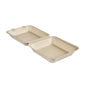 Clamshell 1200 ml - niepowlekany brązowy bagasse 236x231x81 od Duni GmbH to beżowy, prostokątny, kompostowalny pojemnik na żywność z dwiema żebrowanymi przegrodami - idealny do ekologicznego pakowania. Dostępny w opakowaniach po 50 sztuk.