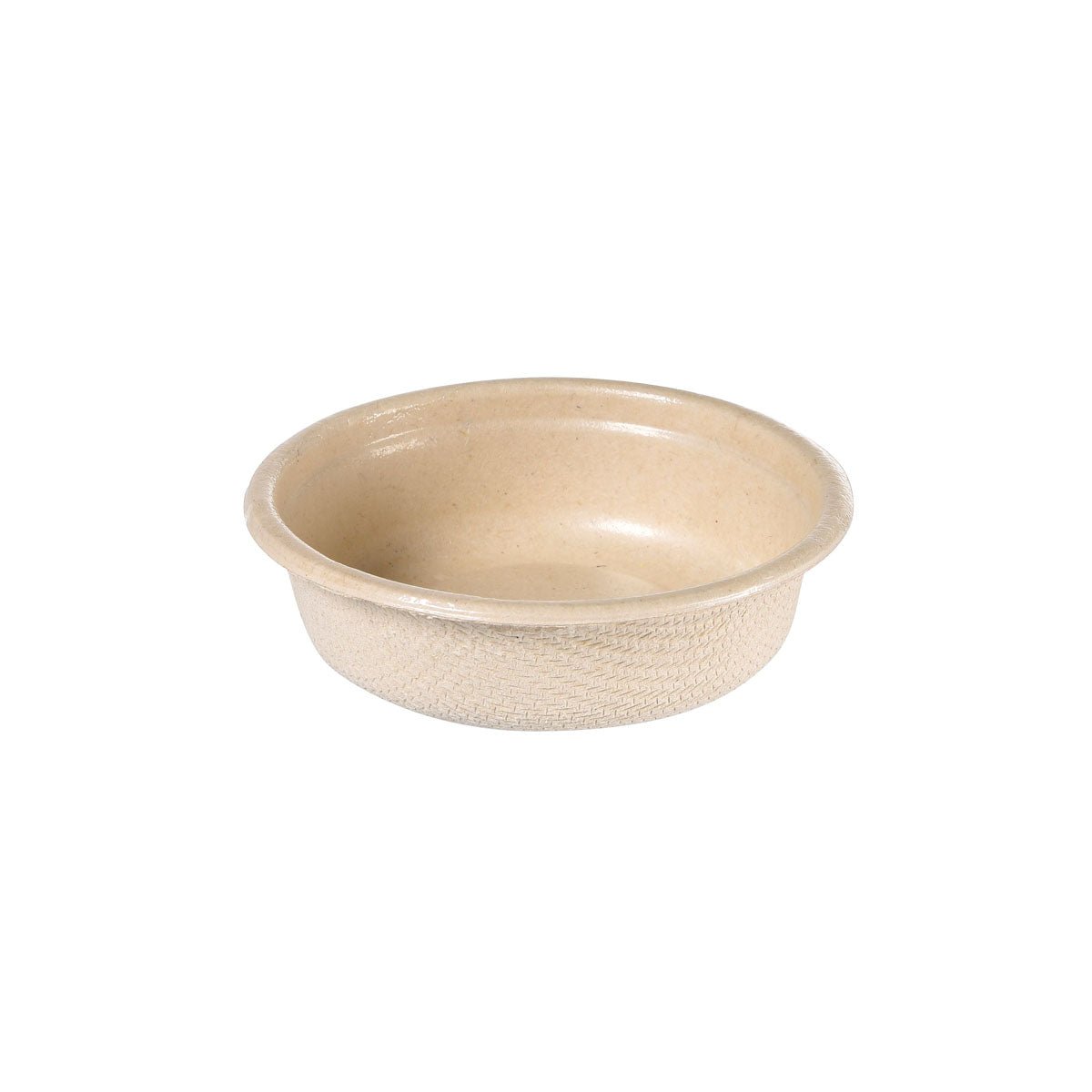 Biały, okrągły, płaski kubeczek na sos o pojemności 30 ml firmy Duni GmbH, wykonany z bagassy z powłoką PBAT/PLA (65 x 65 x 18 mm, opakowanie zawierające 150 sztuk), o teksturowanej powierzchni zewnętrznej i gładkiej powierzchni wewnętrznej, na białym tle.