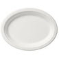 Niepowlekany, biały talerz „Talerz owalny 26 cm biały” firmy Duni GmbH (bagassa, 260 x 200 x 20 mm) na białym tle w widoku z góry – pusty, przyjazny dla środowiska i idealny do ekologicznego nakrycia stołu. Opakowanie: 125 sztuk.