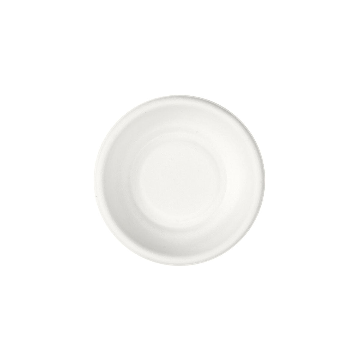 Okrągły, niepowlekany biały talerz deserowy z bagassy (Teller Demo rund ø 77 mm) firmy Duni GmbH, widziany od góry na białym tle. Opakowanie: 120 sztuk.