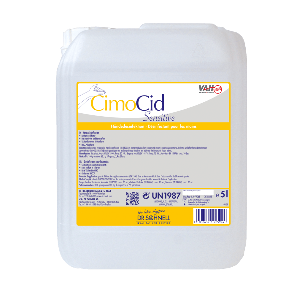 Biały 5-litrowy plastikowy pojemnik Dr. Schnell CIMOCID SENSITIVE do dezynfekcji rąk firmy DR.SCHNELL GmbH & Co. KGaA z żółtą etykietą oferuje delikatną ochronę skóry i skuteczne redukcję zarazków z wielojęzycznymi instrukcjami użytkowania i bezpieczeństwa.