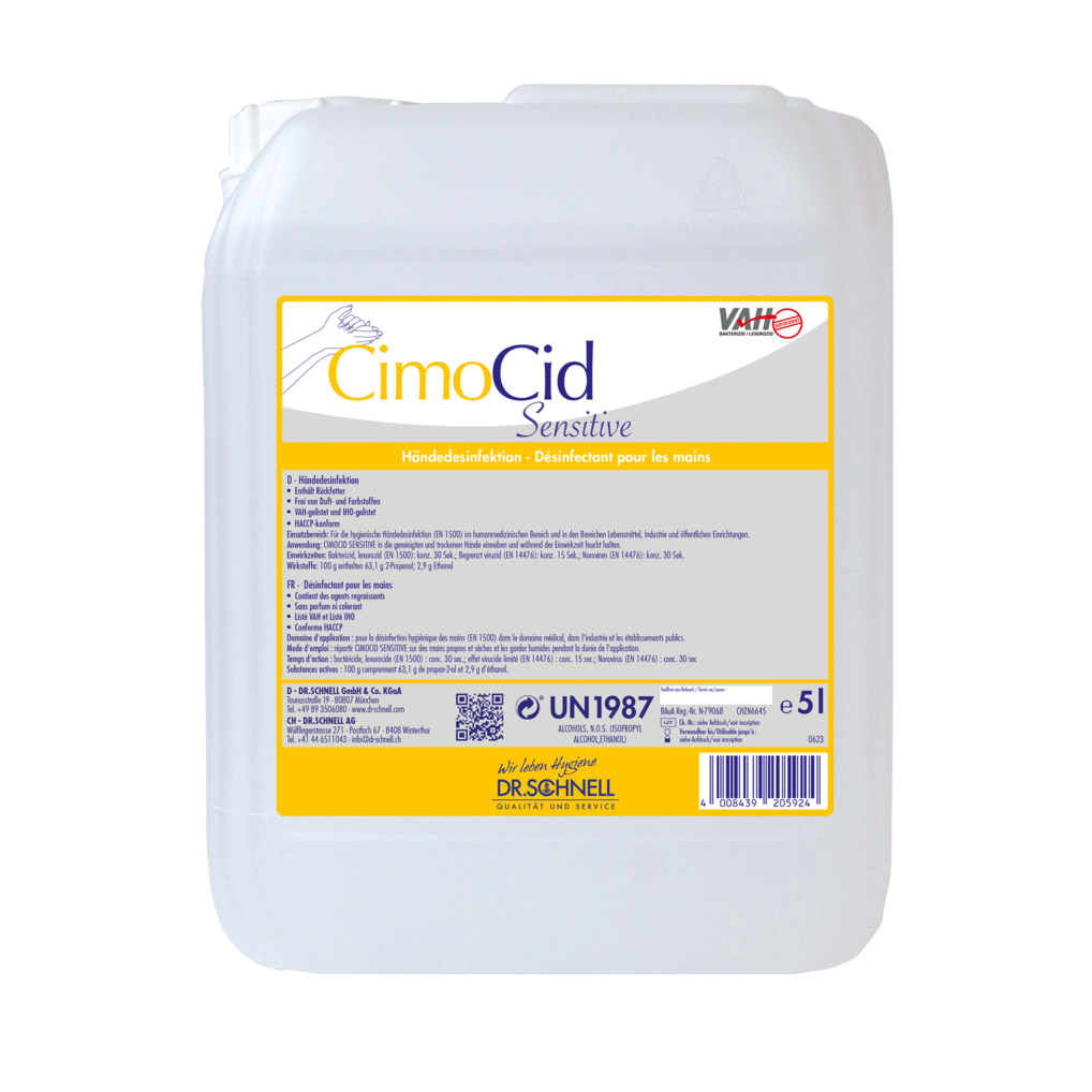 Der weiße 5L Kunststoffbehälter der Dr. Schnell CIMOCID SENSITIVE Händedesinfektion der DR.SCHNELL GmbH & Co. KGaA mit gelbem Etikett bietet sanften Hautschutz und wirksame Keimreduzierung mit mehrsprachigen Anwendungs- und Sicherheitshinweisen.