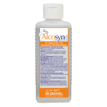 Die durchsichtige Kunststoffflasche der Dr. Schnell ALCOSYN Händedesinfektion der DR.SCHNELL GmbH & Co. KGaA mit weißem Verschluss und deutschem Etikett mit Produktinformation, Gebrauchsanweisung und Logo zur schonenden Händedesinfektion.