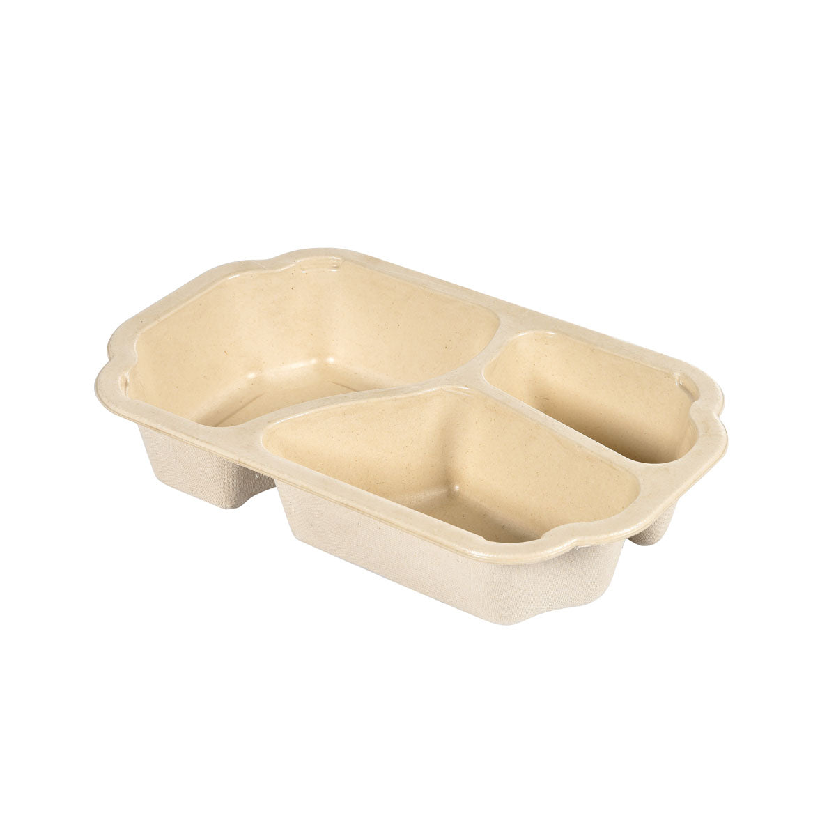 Der Tray Take-Away Fibre 3-comp 3 Natur von Duni GmbH (Bagasse, beschichtet, 250x159x48 mm) - umweltfreundlich, biologisch abbaubar und ideal für Take-Away, hier leer vor weißem Hintergrund gezeigt. Verpackung mit 225 Stück.
