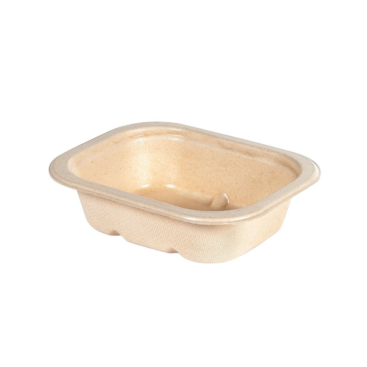 Prostokątna, beżowa taca na dodatki do dań Fibre 1-Comp 37 mm Natur Coated Bagasse (140x116x37mm) od Duni GmbH, wykonana z kompostowalnych włókien formowanych, przedstawiona pusta na białym tle. Rozmiar opakowania: 340 sztuk.