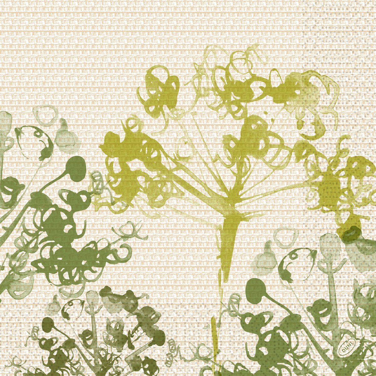 Zielone botaniczne sylwetki na strukturalnym beżowym tle w formie siatki tworzą organiczny, akwarelowy wygląd - idealny dla zrównoważonych typów komórek. Serwetki 40x40 cm, 3-warstwowe, zielone od Duni GmbH (opakowanie zawiera 250 serwetek).