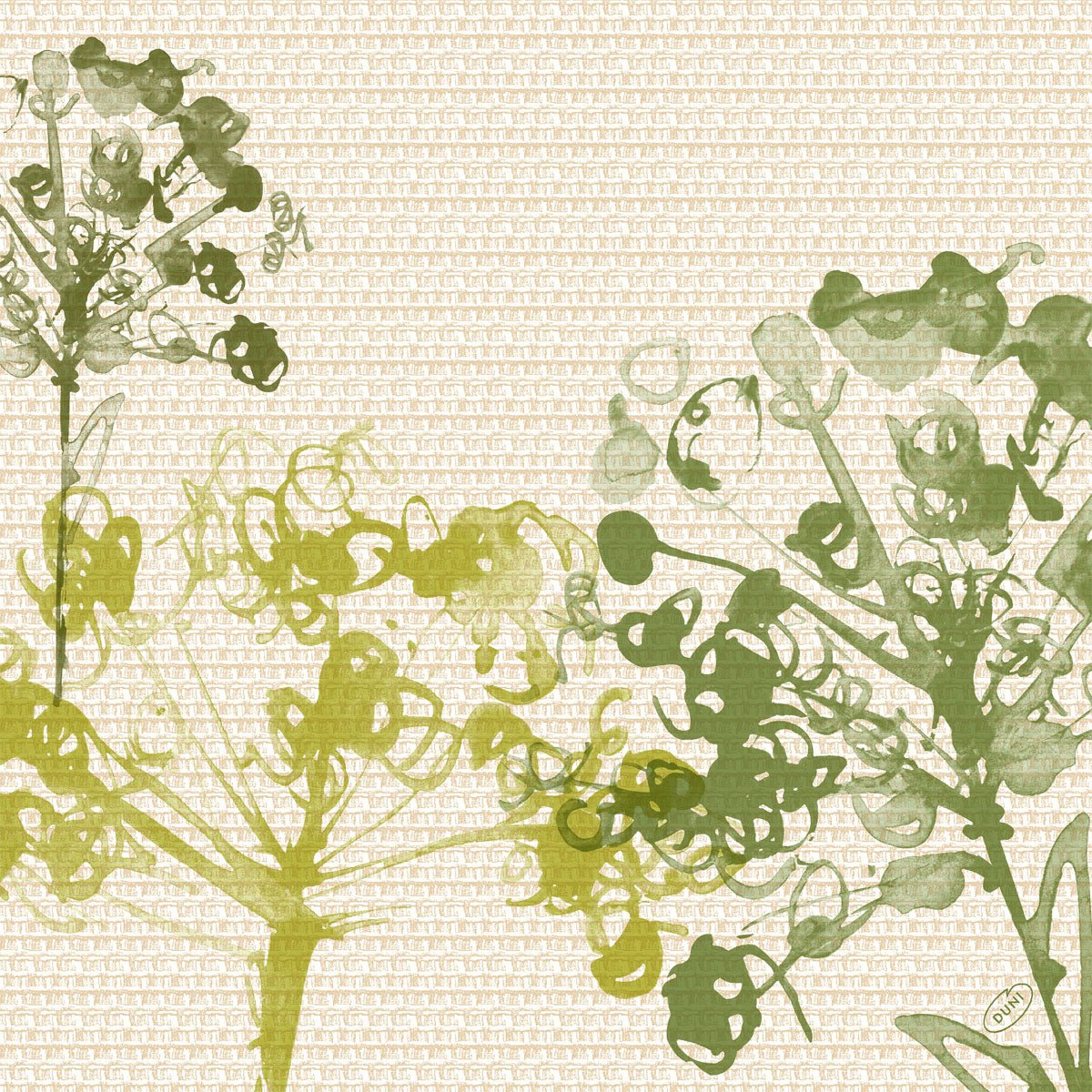 Zielone i żółte botaniczne sylwetki w stylu akwareli zdobią beżowe geometryczne tło. Okrągła etykieta oznacza "przyjazne dla środowiska serwetki". Produkt: Serwetki celulozowe 40x40 Klassik Green Umbles (50 serwetek), Duni GmbH.