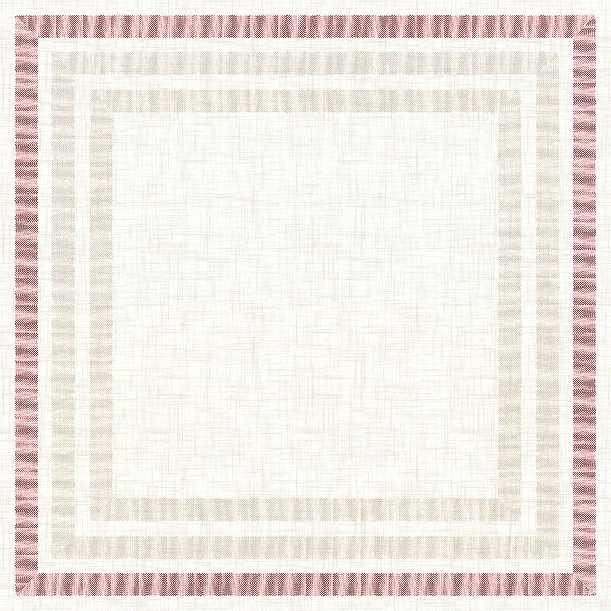 Obrus środkowy Dunicel 84x84 cm Rigato bordeaux od Duni GmbH ma biały środek, jasnobeżowe i jasnoszare krawędzie oraz zewnętrzną krawędź w kolorze różowym Rigato bordeaux 60116 na teksturowanym tle. Opakowanie zawiera 100 sztuk.