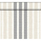 Das DC-Tete a Tete 0,4x24m Rigato black von Duni GmbH zeichnet sich durch elegante vertikale Streifen in Schwarz, Beige und Off-White mit unterschiedlichen Breiten und sichtbarem Geflecht aus - perfekt für moderne Tischdeko bei Events. Packung (1 Stück), teils entrollt.