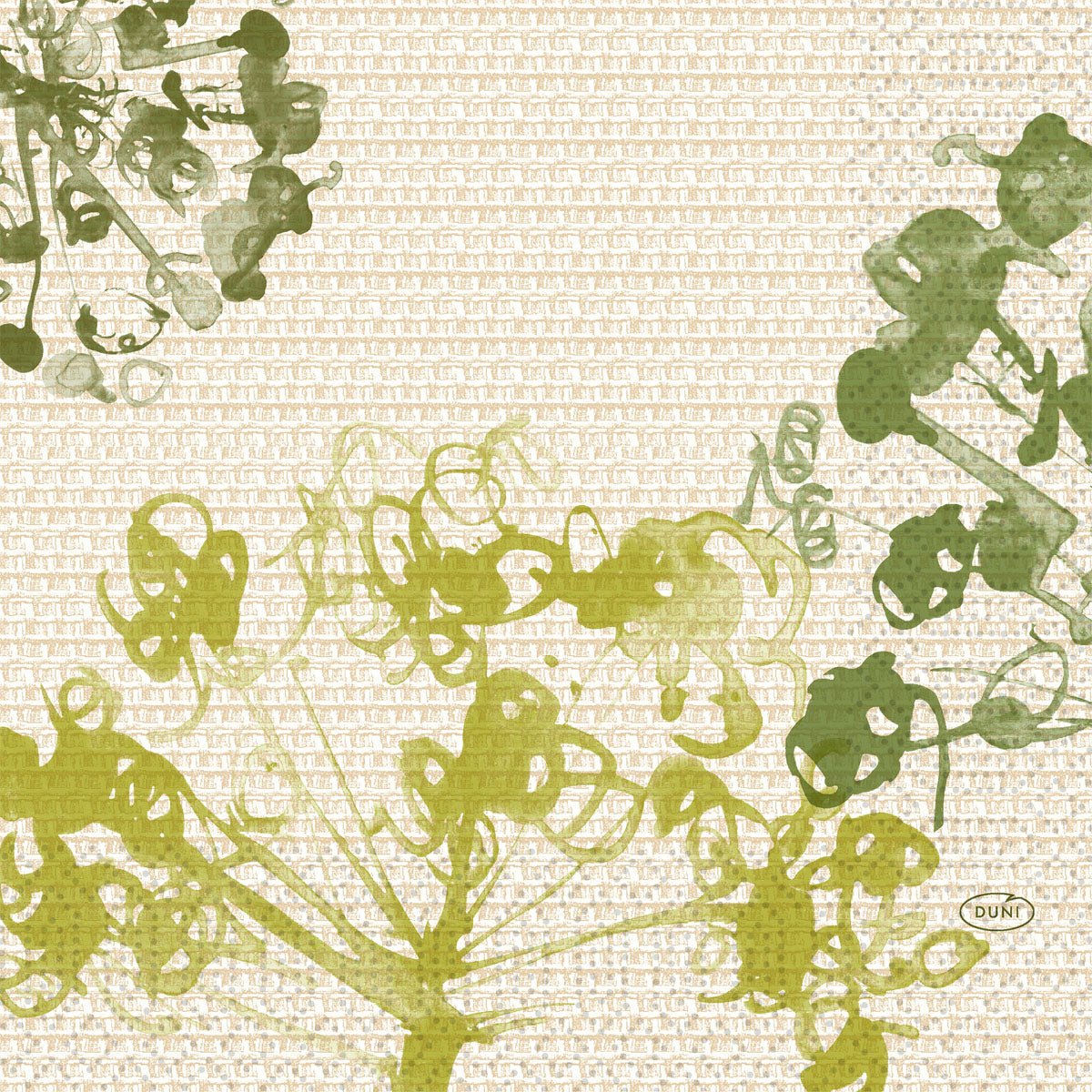 Abstrakcyjne zielone i oliwkowe kształty przypominające rośliny nakładają się na strukturalne beżowe tło z małą etykietą "Duni", która nawiązuje do botanicznego, graficznego wyglądu serwetek Duni GmbH Zellt. 33x33 cm, 3-warstwowe, zielone, opakowanie zawierające 50 serwetek.