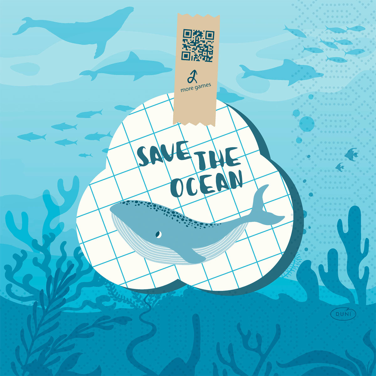 Eine illustrierte blaue Meeresszene mit Fischen, einem Wal und Pflanzen ziert die 3-lagigen Tissue-Servietten "Save the Ocean" (33x33 cm, 50er-Pack) der Duni GmbH, die mit einer QR-Code-Lasche mit der Aufschrift "more games" versehen sind und aus recyceltem Papier bestehen.