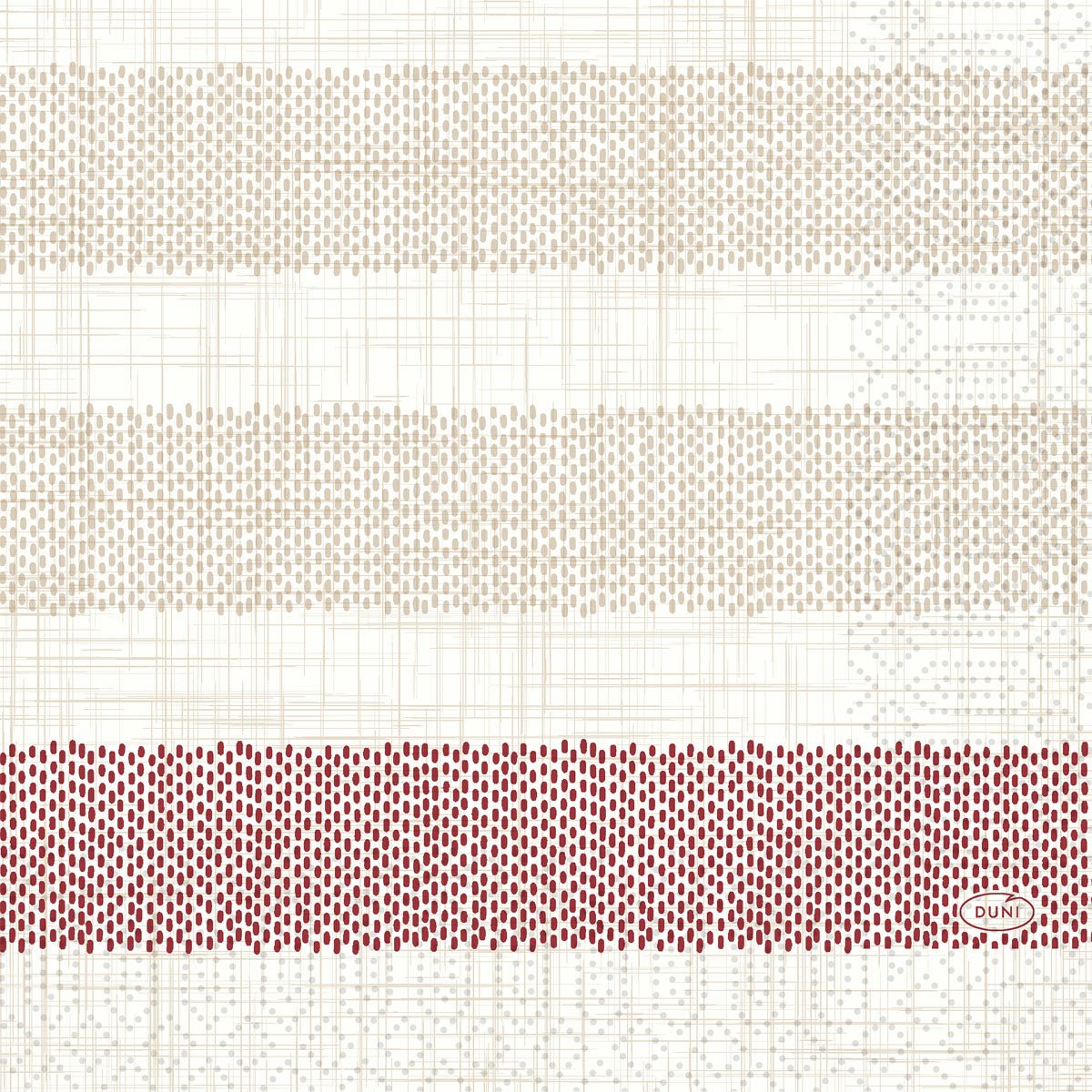 Serwetki Duni GmbH Zellt.-Serv.33 3lg 1/4 Rigato bordeaux mają trzy poziome pasy z małymi, równomiernie rozmieszczonymi kropkami - dwa beżowe, jeden bordowy - ze słabymi liniami siatki i małym czerwonym owalem "DUNI" w prawym dolnym rogu. Opakowanie zawiera 250 sztuk.