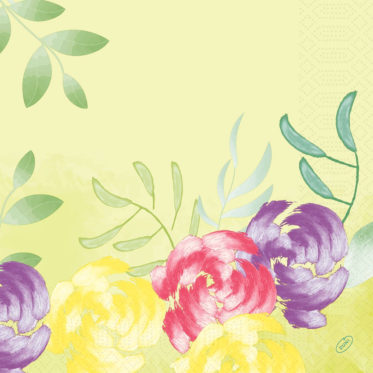 Z jasnym żółtym tłem z zielonymi liśćmi i trzema dużymi żółtymi, różowymi i fioletowymi kwiatami, "Serwetki 40x40 cm 3-warstwowe Soft Tropics" firmy Duni GmbH oferują tropikalny wygląd. Opakowanie zawiera 250 wysokiej jakości serwetek.