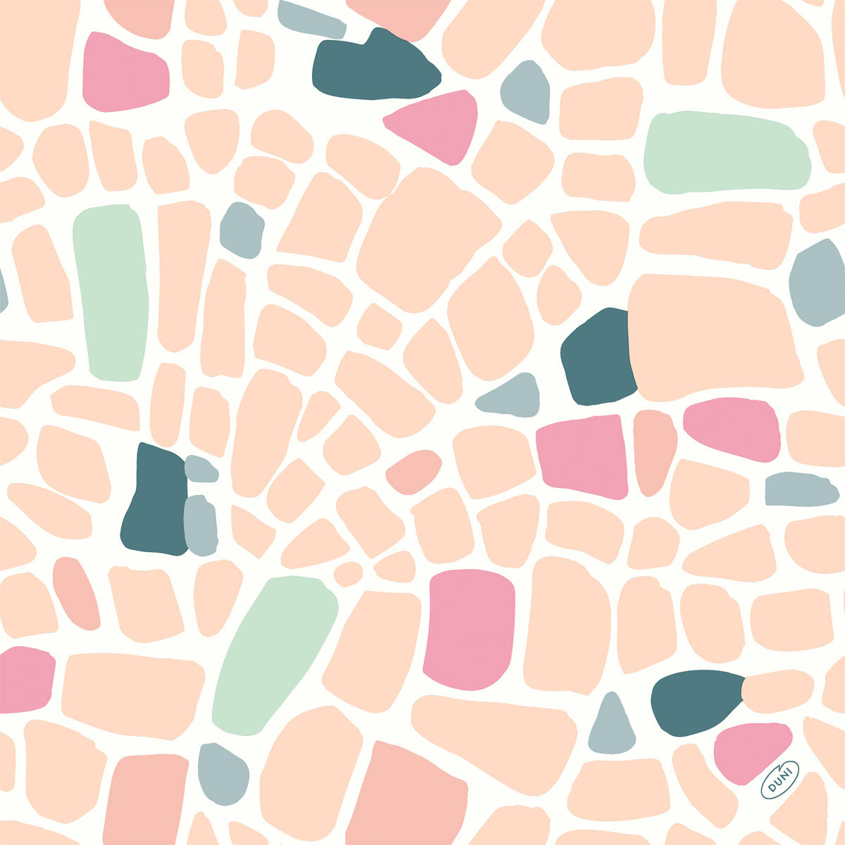Die Servietten 40x40 4lg Klassik Ocean Pebbles der Duni GmbH zeigen ein elegantes Mosaik aus unregelmäßigen Formen in Rosa, Pfirsich, Mintgrün und dunklem Teal auf Weiß. Die Packung enthält 50 hochwertige Servietten.