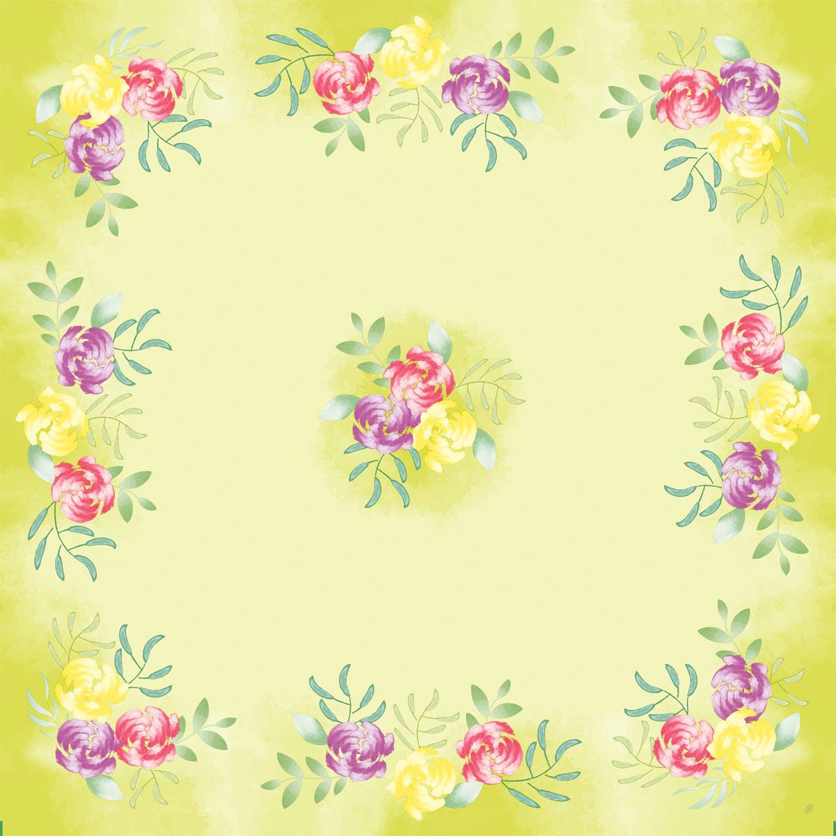 Kwadratowy obrus Dunicel 84x84 cm Serwetka Soft Tropics firmy Duni GmbH ma jasny żółty kolor z kwiatami w stylu akwarelowym i zielonymi liśćmi w rogach i na środku, przy czym środek pozostaje w dużej mierze pusty - idealna na tropikalne tematy. Opakowanie: 20 sztuk.