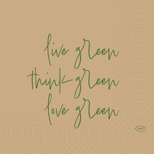 Ein beiger Hintergrund mit grünem handgeschriebenem Text, "live green, think green, love green", plus ein kleines Duni GmbH Logo. Dezente geometrische Muster und Anklänge an biologisch abbaubare Materialien unterstreichen die Love Green 51075 | Packung (50 Stück) nachhaltige Alternative.