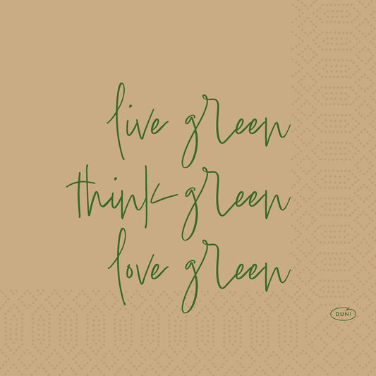 Ein beiger Hintergrund mit grünem handgeschriebenem Text, "live green, think green, love green", plus ein kleines Duni GmbH Logo. Dezente geometrische Muster und Anklänge an biologisch abbaubare Materialien unterstreichen die Love Green 51075 | Packung (50 Stück) nachhaltige Alternative.