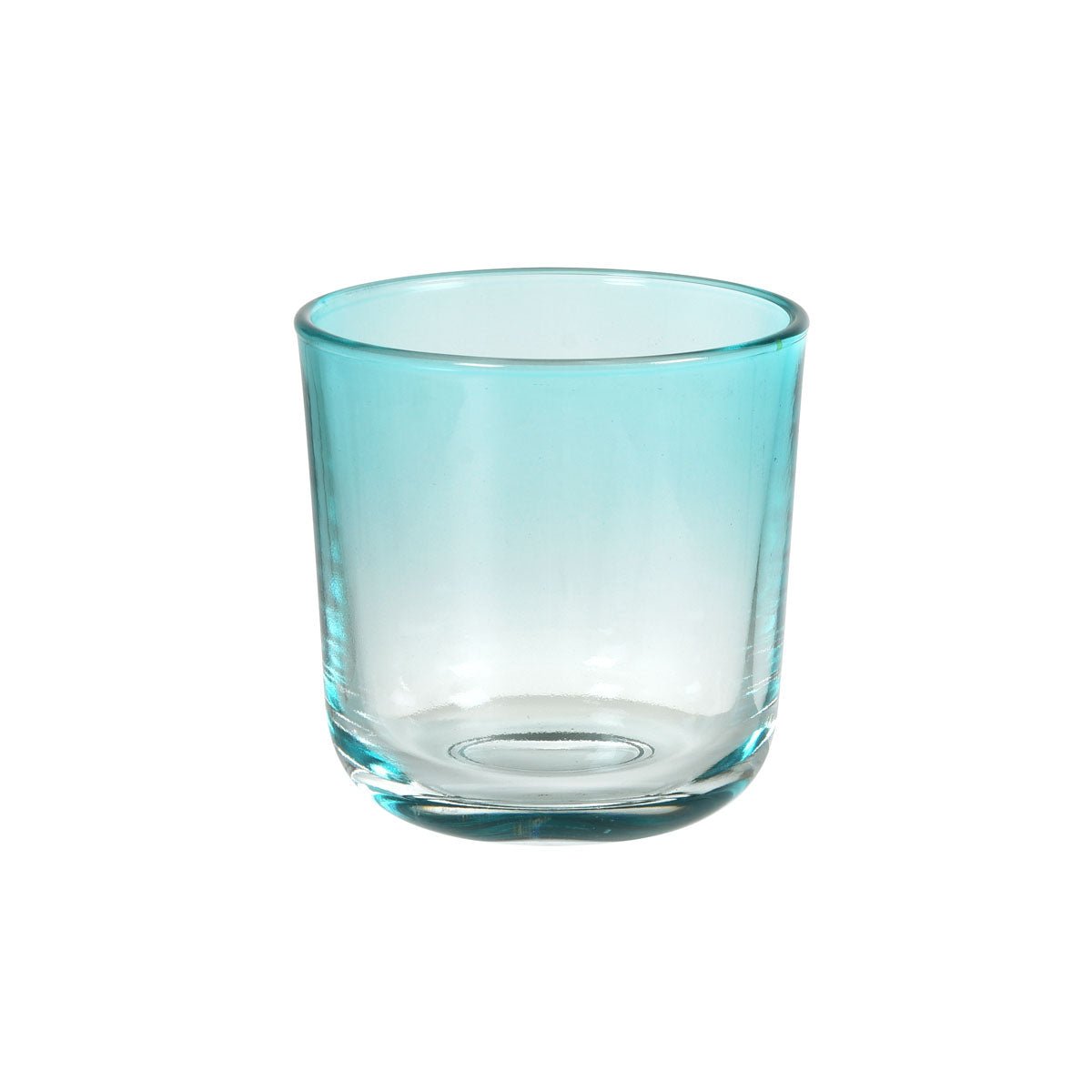 Świecznik Switch & Shine z Duni GmbH, wykonany ze szkła, w kolorze miętowo-niebieskim (81x72,5 mm), jest pokazany na prostym białym tle z grubą podstawą. Opakowanie: 1 sztuka.