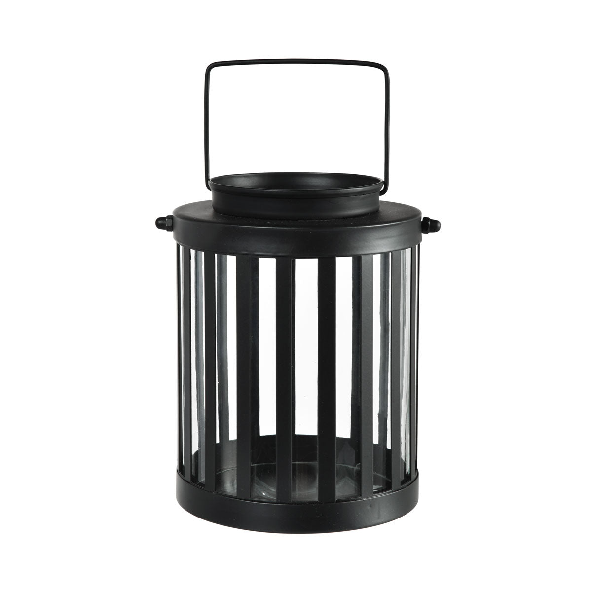 Szklany świecznik Duni GmbH, 16,5x20 cm (Fyr) to prosta czarna metalowa latarnia z pionowymi prętami, górnym uchwytem i szklanym świecznikiem - idealna jako elegancka dekoracja stołu z jednego kawałka.
