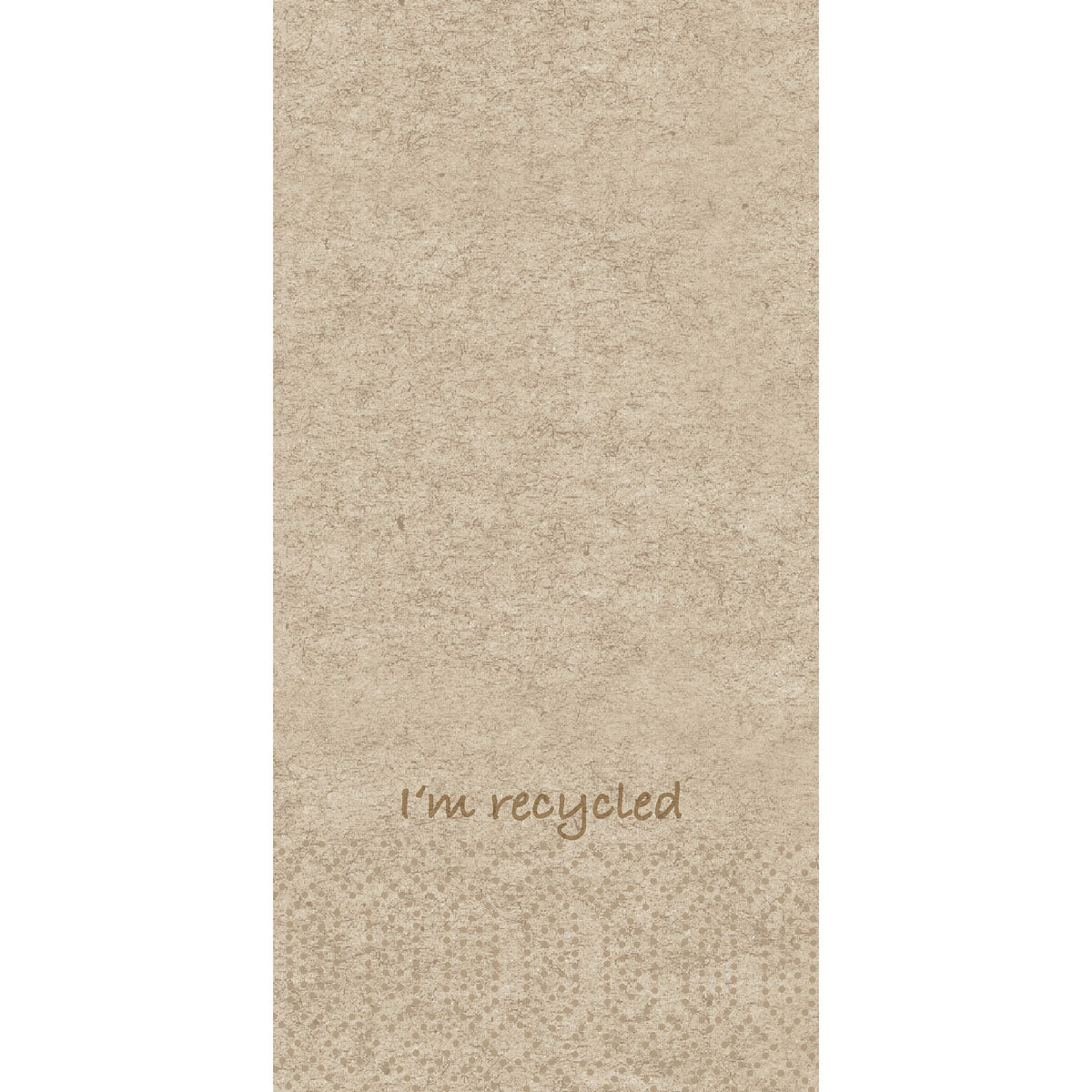 Beżowe, strukturalne tło z napisem "I'm recycled" brązowym kolorem blisko dolnej części środka oraz subtelnym wzorem kropek poniżej, idealne do prezentacji serwetek papierowych Duni GmbH Zellt.-Serv.33x33 2lg 1/8KF - Recyklingowane serwetki papierowe | Opakowanie (300 sztuk).