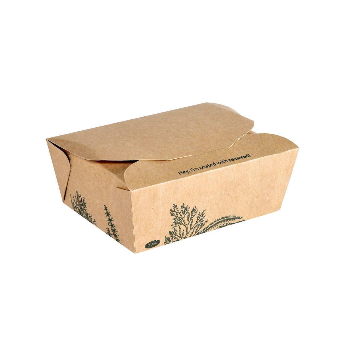 Pudełko Alga 1200ml 120x110x62mm, brązowe | Karton od Duni GmbH to zamknięte brązowe pudełko z czarnymi botanicznymi ilustracjami i napisem "Hej! Jestem pokryte algami!" na górnej klapie - ekologiczne opakowanie na jedzenie na wynos.