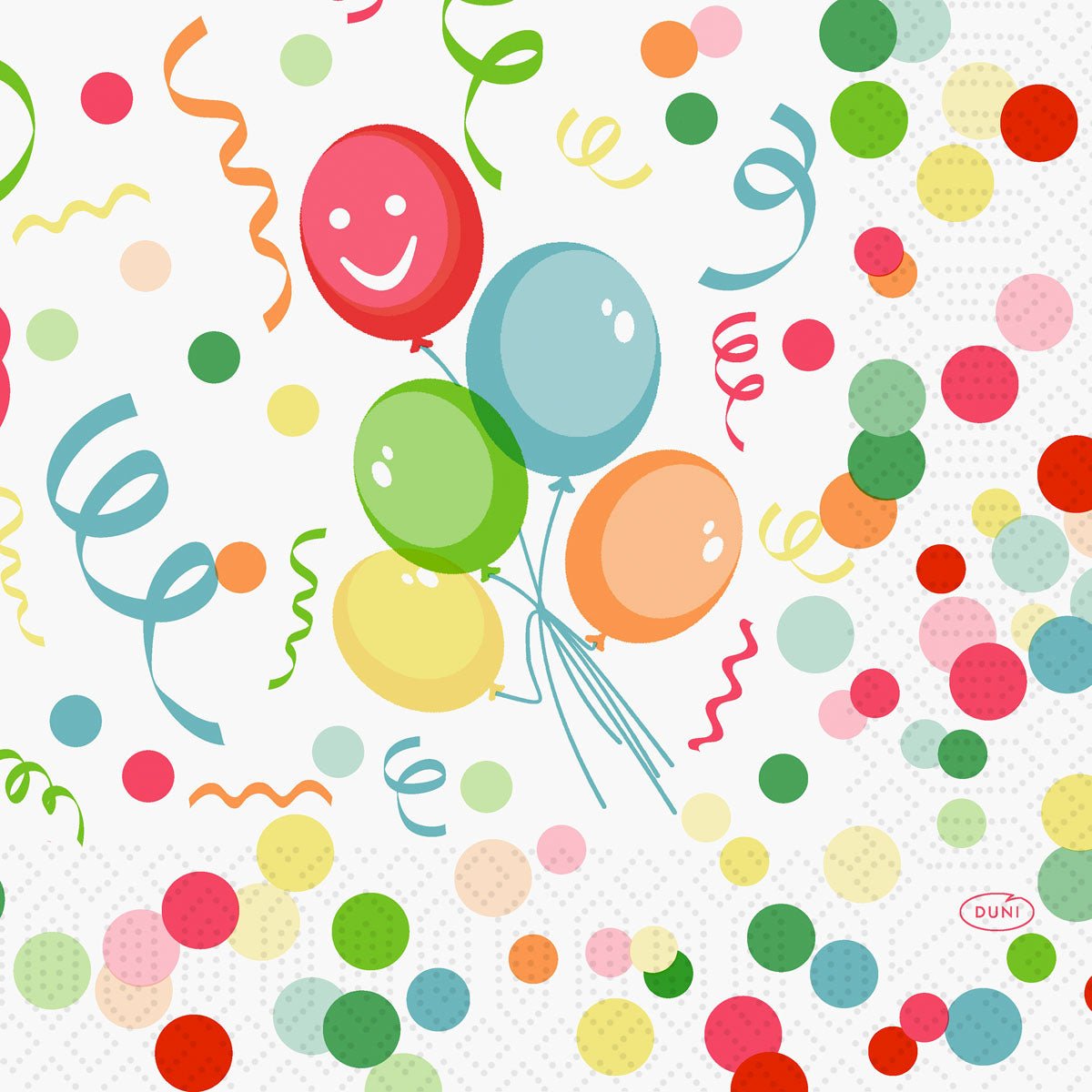 Opakowanie 250 serwetek papierowych Duni GmbH Zellt.-Serv.33 3lg 1/4 Happy Bubbles z balonami przedstawia pięć kolorowych balonów, jeden z uśmiechniętą twarzą, otoczony świątecznym konfetti i serpentynami na białym tle - idealne na przyjęcia.
