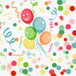 Opakowanie 250 serwetek papierowych Duni GmbH Zellt.-Serv.33 3lg 1/4 Happy Bubbles z balonami przedstawia pięć kolorowych balonów, jeden z uśmiechniętą twarzą, otoczony świątecznym konfetti i serpentynami na białym tle - idealne na przyjęcia.