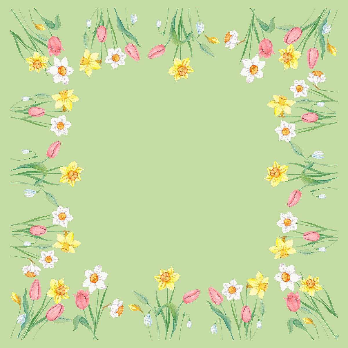 Obrus Dunisilk MD Spring Melody 84x84 cm firmy Duni GmbH przedstawia jasnozielone tło z brzegiem z akwarelowych kwiatów, w tym tulipanów i żonkili - idealny na elegancką wiosenną dekorację stołu. Opakowanie zawiera 20 sztuk.