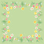 Obrus Dunisilk MD Spring Melody 84x84 cm firmy Duni GmbH przedstawia jasnozielone tło z brzegiem z akwarelowych kwiatów, w tym tulipanów i żonkili - idealny na elegancką wiosenną dekorację stołu. Opakowanie zawiera 20 sztuk.