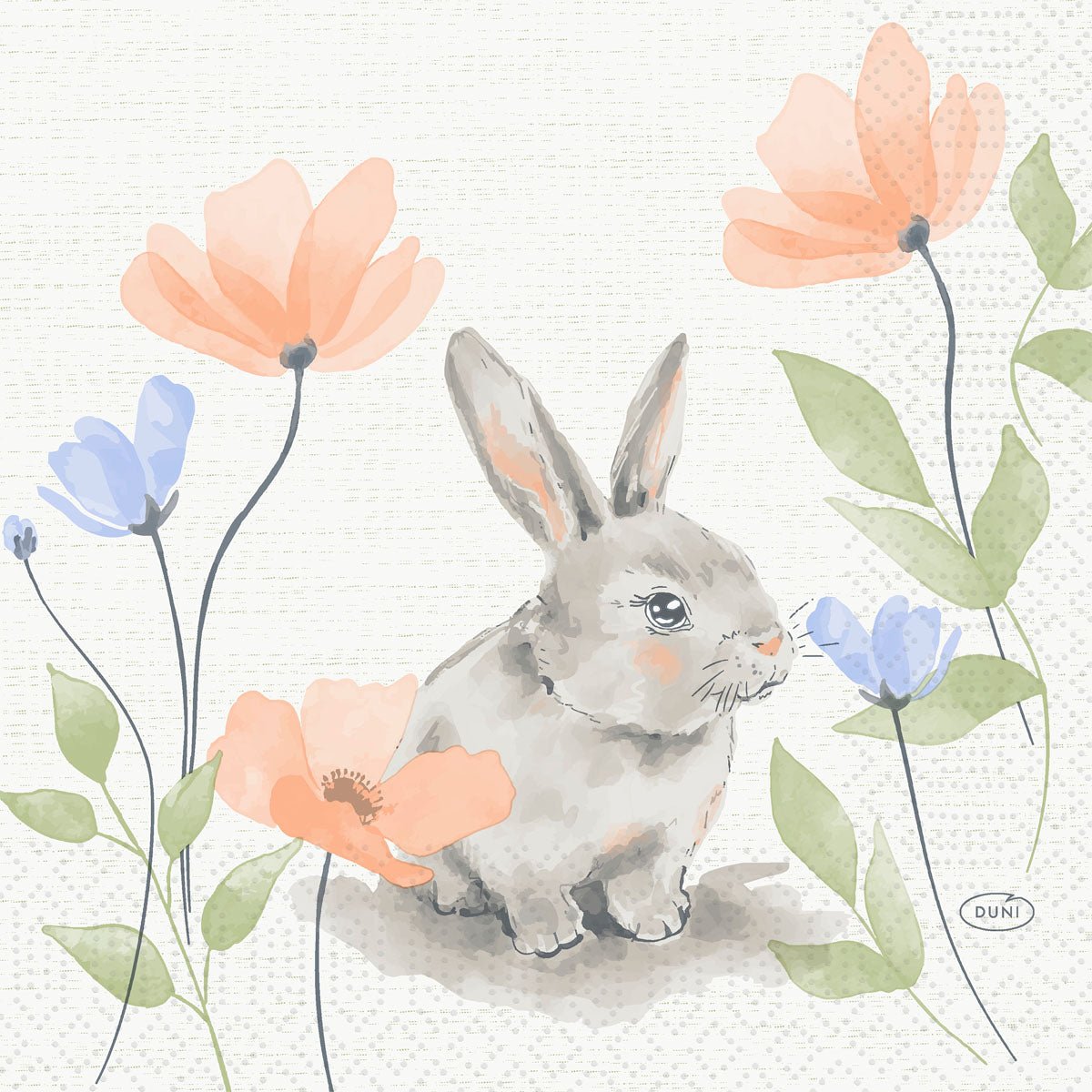 Akwafortowa ilustracja szarego królika z różowymi i niebieskimi kwiatami zdobi serwetki Bunny Bloom 33 cm 3-warstwowe 1/4-złożenie od Duni GmbH (250 sztuk), idealne jako urocza dekoracja stołu na Wielkanoc. Królik jest lekko skierowany w prawo.