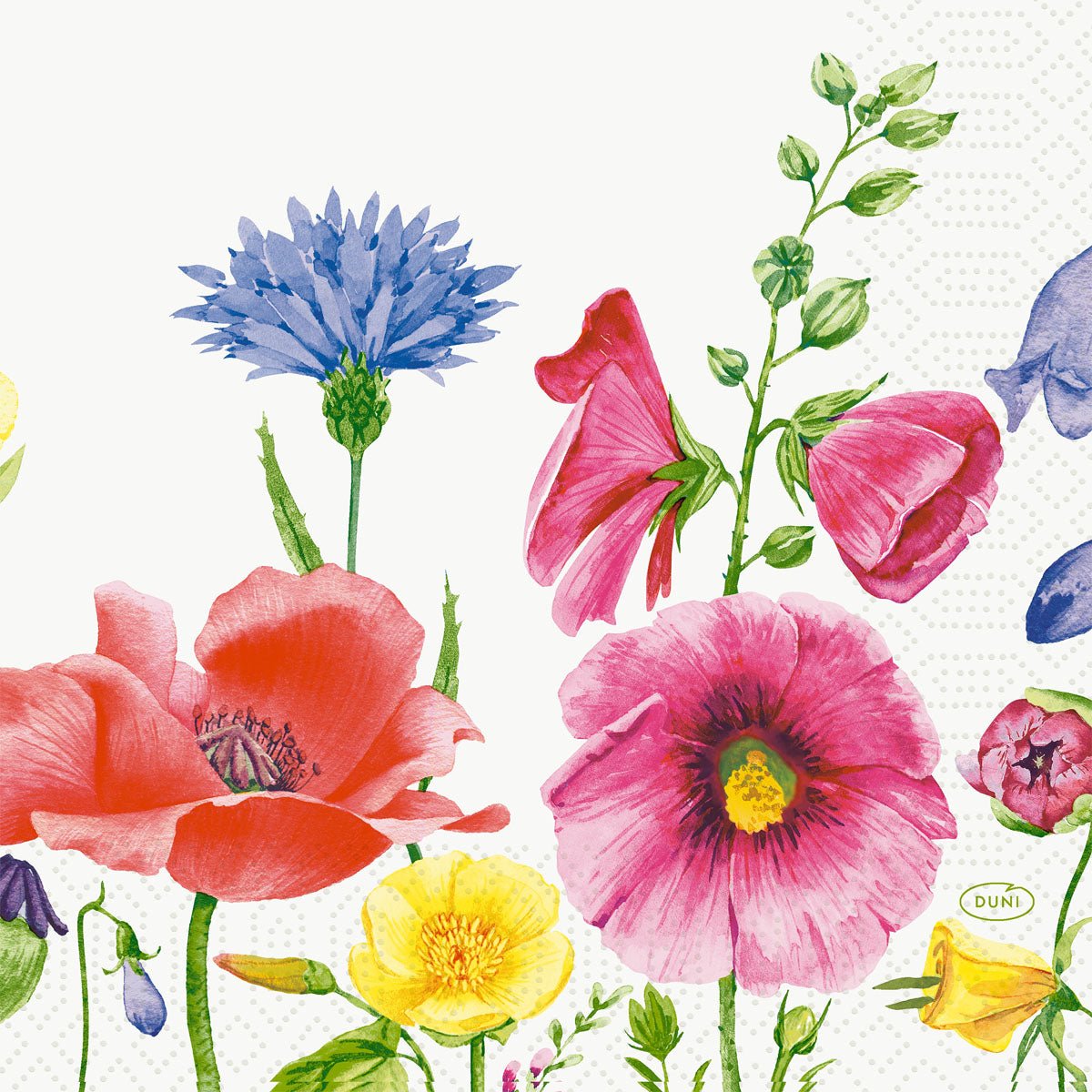 Żywa ilustracja dzikich kwiatów z różowymi, czerwonymi, żółtymi i niebieskimi kwiatami zdobi serwetki Duni GmbH 33 cm 3-warstwowe 1/4-złożenie Flowy Meadow serwetki papierowe (opakowanie 250 sztuk) - idealne, aby wprowadzić marzycielskie kolory na stół.