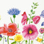 Żywa ilustracja dzikich kwiatów z różowymi, czerwonymi, żółtymi i niebieskimi kwiatami zdobi serwetki Duni GmbH 33 cm 3-warstwowe 1/4-złożenie Flowy Meadow serwetki papierowe (opakowanie 250 sztuk) - idealne, aby wprowadzić marzycielskie kolory na stół.