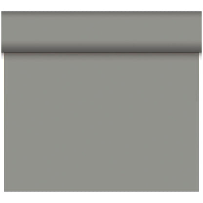 Eine teilweise abgerollte Rolle der Duni GmbH Bio-DC-Tete a Tete 0,4x24m, eine solide hellgraue Tapete mit einer glatten, matten Oberfläche, dargestellt vor einem einfarbig weißen Hintergrund.