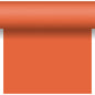 Eine Rolle Bio-DC-Tete a Tete 0,4x24m von Duni GmbH in Orange, teilweise nach unten abgerollt auf weißem Hintergrund mit einem Schattenwurf in der Nähe der gewellten Oberkante.
