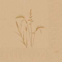 Serwetki celulozowe Duni GmbH 33 cm 3-warstwowe 1/4-składane Meadow natural (50 sztuk) są ozdobione naturalnymi nadrukami traw i zbóż, kropkowanym geometrycznym brzegiem oraz logo "Duni" w rogu, co zapewnia dodatkową naturalną estetykę.