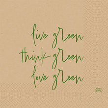 Beżowe serwetki z celulozy 33 cm, 3-warstwowe od Duni GmbH z zielonym napisem "żyj zielono, myśl zielono, kochaj zielono" i geometrycznymi wzorami kropek. Przyjazne dla środowiska. Opakowanie po 50 sztuk.