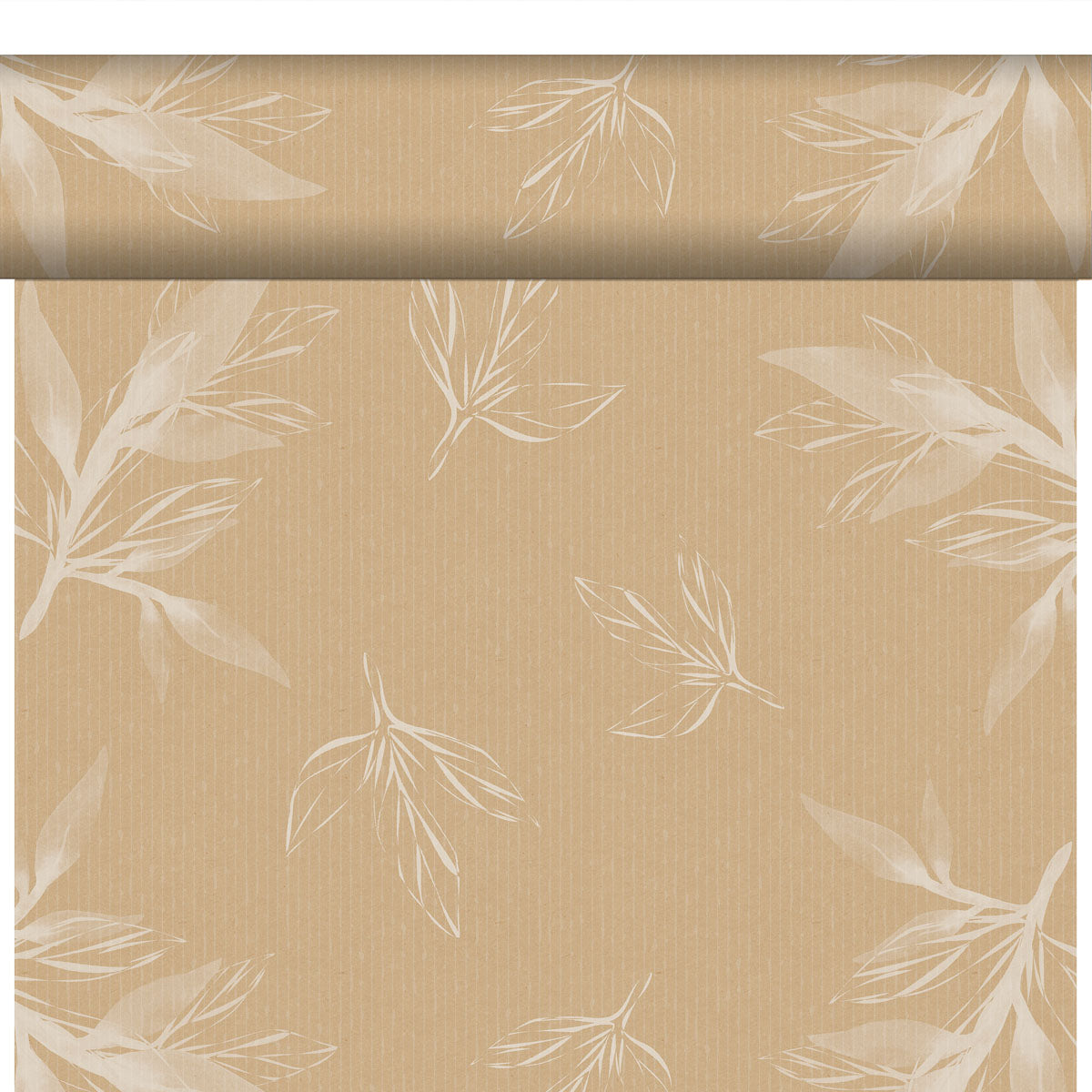 Die Bio-DC-Tete a Tete 0,4x24m von Duni GmbH ist eine hellbraune, umweltfreundliche Tapete mit einem subtilen vertikalen Nadelstreifen und weißen, skizzenhaften, botanischen Blattmustern.