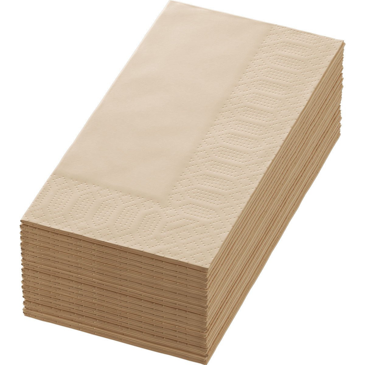 Stos serwetek Duni GmbH Zellt.-Serv.40x40 2lg BF. w kolorze naturalnego brązu (300 sztuk) z dekoracyjnym tłoczeniem, wykonanych z wysokiej jakości dwuwarstwowego papieru, starannie ułożonych w prostokątną formę.