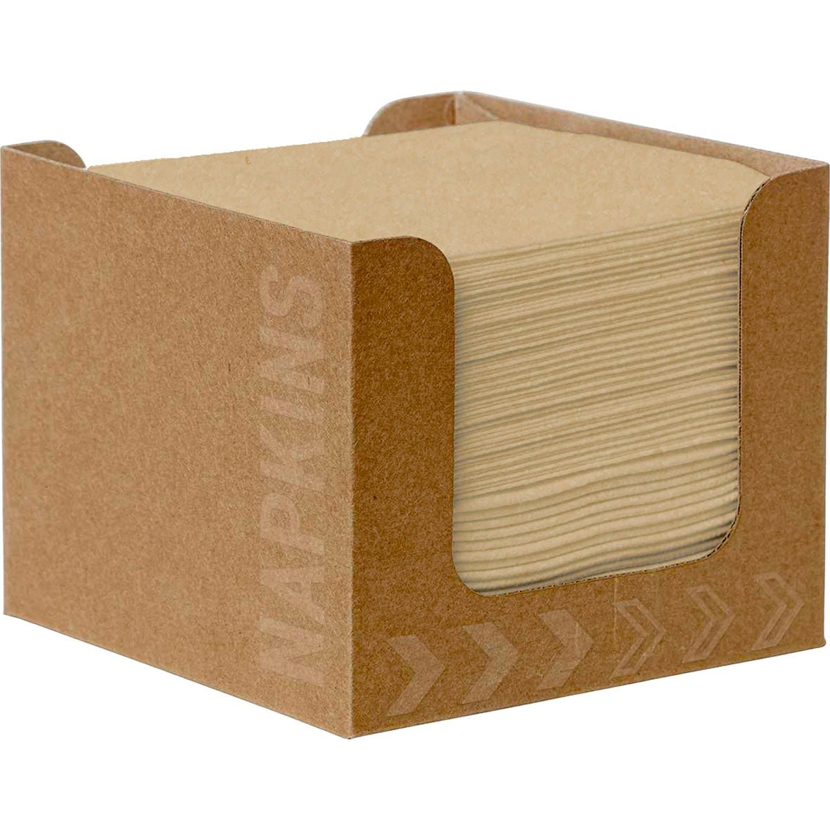 Opakowanie zawierające 50 serwetek Bio-Dunisoft firmy Duni GmbH (20x20 cm, naturalny brąz) znajduje się w prostym pudełku z napisem "NAPKINS" i strzałkami, które są otwarte z przodu, aby pokazać ekologiczne krawędzie.