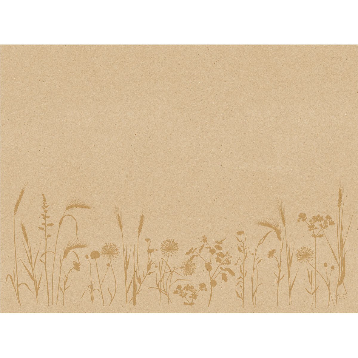 Papierowe podkładki na stół Meadow natural 30x40 cm od Duni GmbH: brązowy papier z delikatnymi, jasnobrązowymi dzikimi kwiatami na dolnej krawędzi. Idealne do stylowej dekoracji stołu, opakowanie 250 sztuk z papieru z recyklingu.