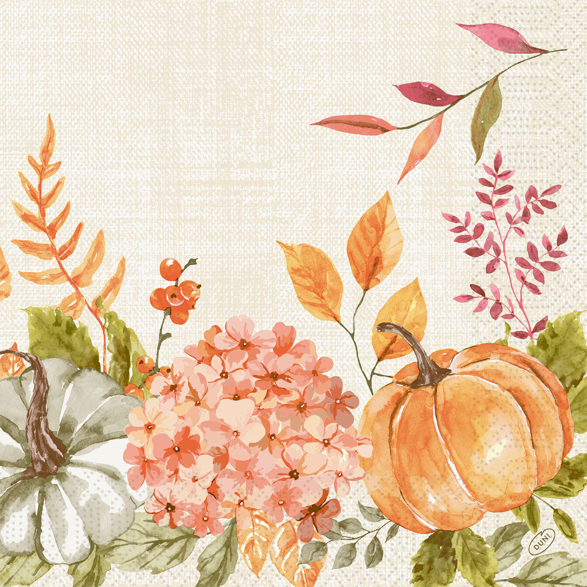 Aquarellierte orangefarbene und grüne Kürbisse, Spicy Pumpkin-Töne, rosa Hortensien und Herbstblätter zieren den unteren Rand - ideal für Duni GmbH Servietten 40x40 3lagig 1/4 Spicy Pumpkin (Packung 250 Stück) Designs.